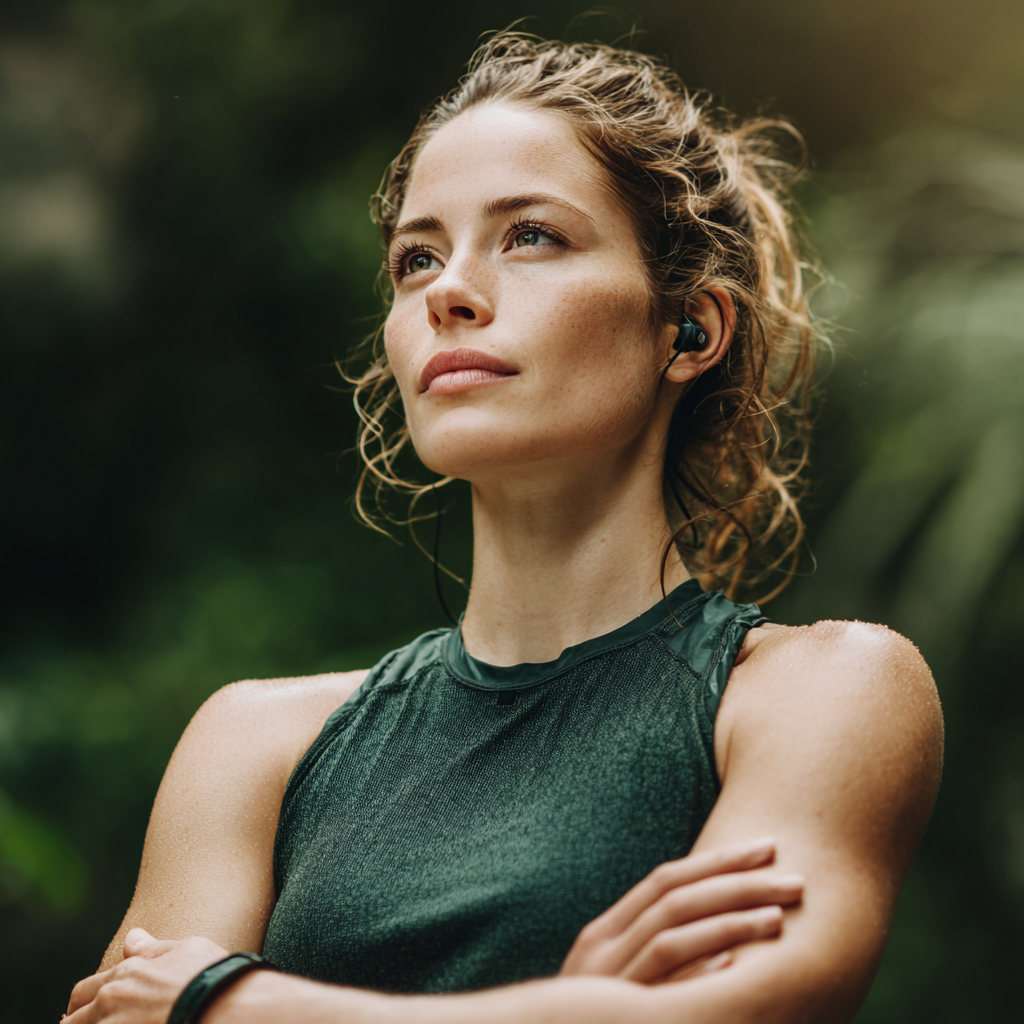 Confident European man in his 40s in athletic wear demonstrating proper exercise form in gym setting, realistic professional photography