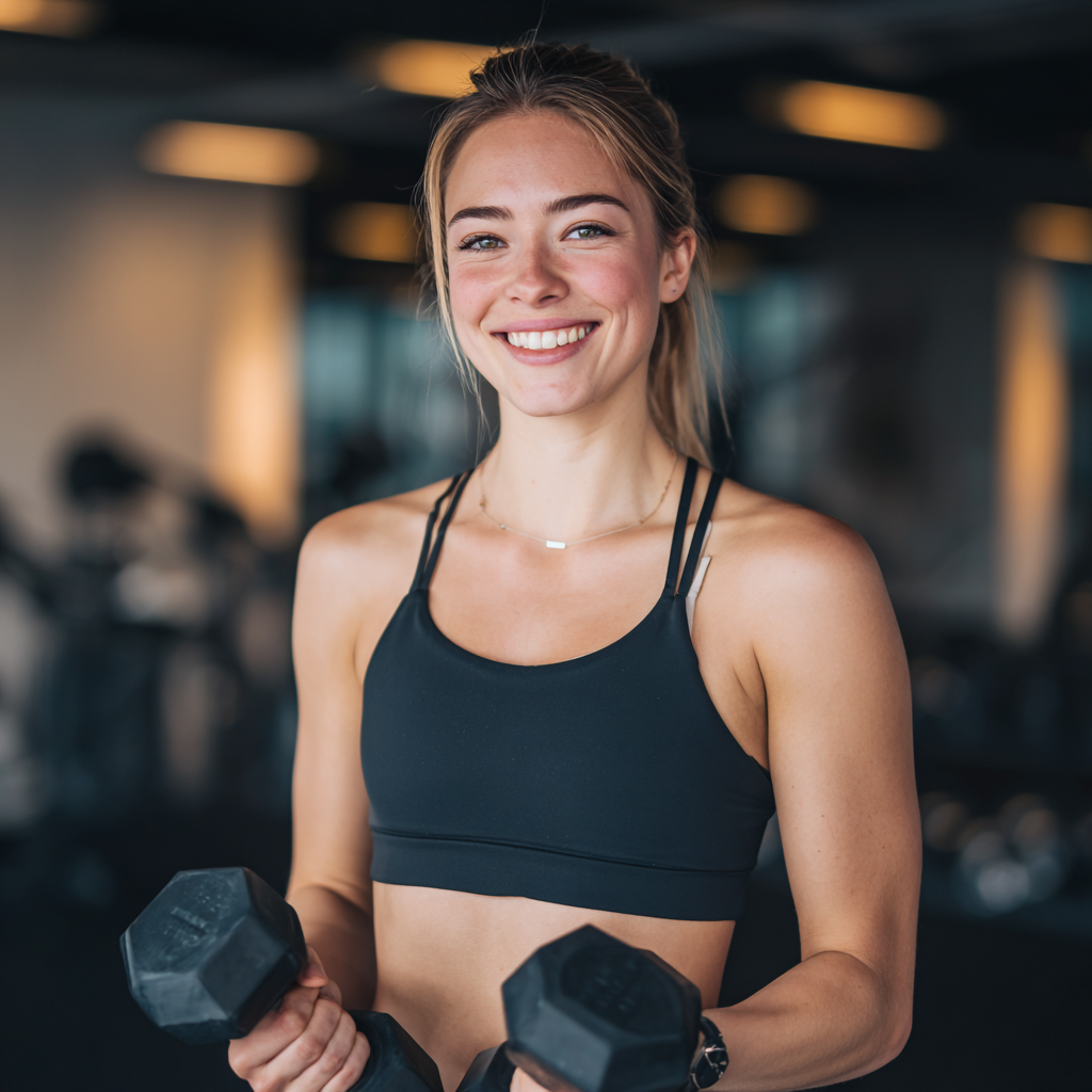 Happy European fitness trainer in their 30s giving thumbs up in modern gym setting, smiling and welcoming pose, realistic professional photography